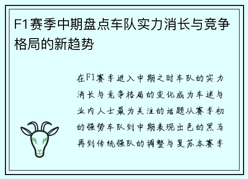 F1赛季中期盘点车队实力消长与竞争格局的新趋势