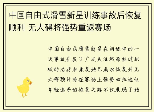 中国自由式滑雪新星训练事故后恢复顺利 无大碍将强势重返赛场