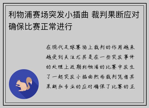 利物浦赛场突发小插曲 裁判果断应对确保比赛正常进行