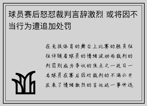 球员赛后怒怼裁判言辞激烈 或将因不当行为遭追加处罚